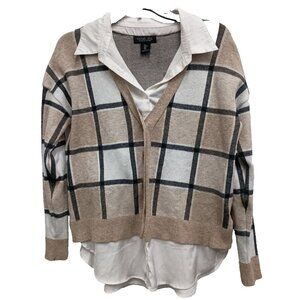 Rachel Zoe Twofer Sweater Womens Large Beige White Plaid Preppy Office Pullover